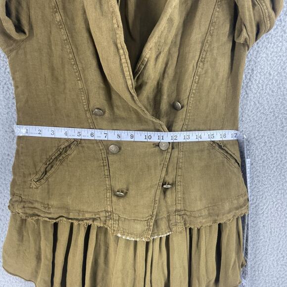 Free People Jacket Womens XS Brown Linen Ruffle Hem Double Breasted Boho Blazer - Picture 6 of 16